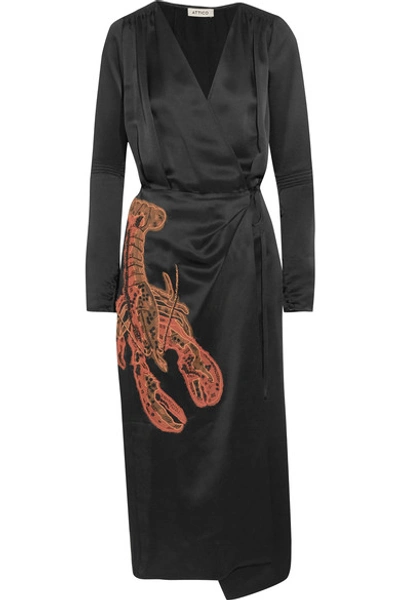 Attico Lobster-beaded Satin Midi Wrap Dress, Black