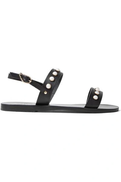 Shop Ancient Greek Sandals Clio Faux Pearl-embellished Leather Sandals In Black