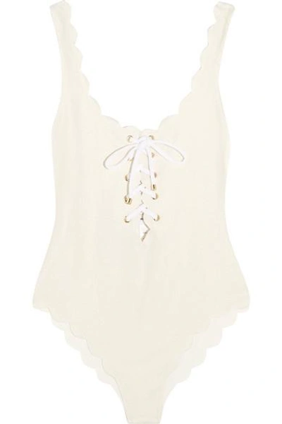 Shop Marysia Palm Springs Lace-up Scalloped Swimsuit In Cream