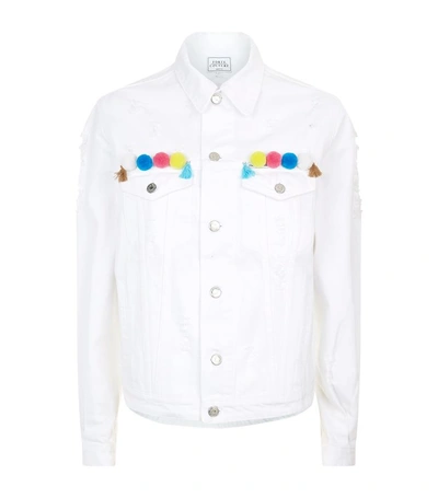 Forte Couture Pom Pom Distressed Denim Jacket In White