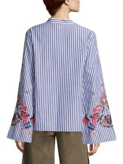 Shop Tanya Taylor Klara Embroidered Striped Cotton Top In Blue White