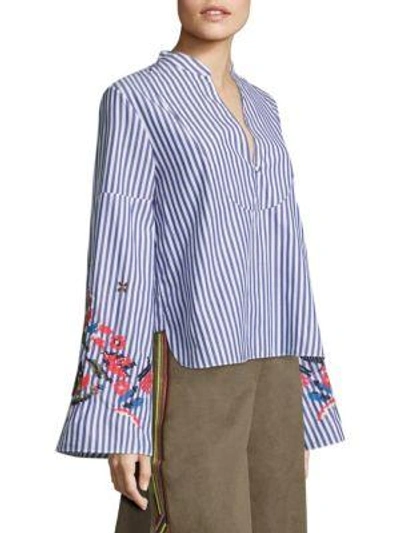 Shop Tanya Taylor Klara Embroidered Striped Cotton Top In Blue White