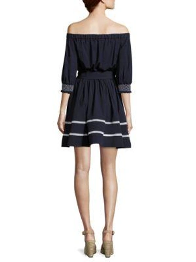 Shop Tanya Taylor Voile Brittany Off-the-shoulder Cotton Dress In Navy