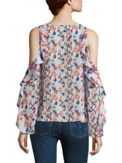 Shop Tanya Taylor Corrine Floral Ikat Gauze Silk Cold-shoulder Top In Lavander