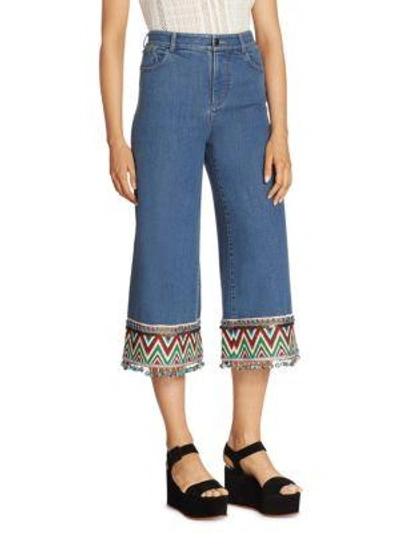 Shop Alice And Olivia Embroidered Cropped Jeans In Vintage Wash/multi