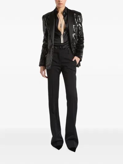 Balmain 1-button Satin Jacket With Sequins In Black