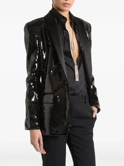 Balmain 1-button Satin Jacket With Sequins In Black