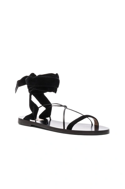 Shop Valentino Flat Velour Ankle Tie Sandals In Black. In Black & Black
