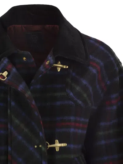 Fay Checked Wool-blend Jacket With Hook Fastenings In Blue