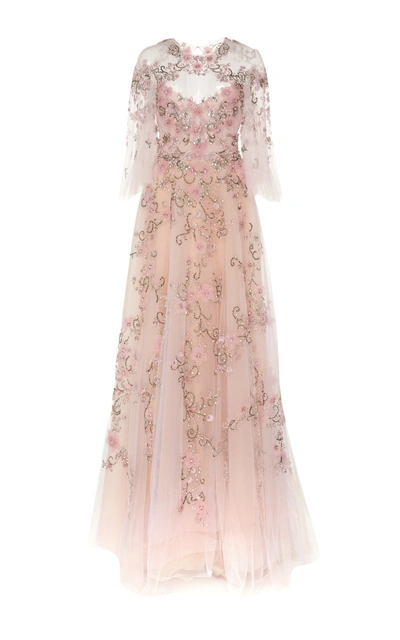 Marchesa Flutter Sleeve Embroidered Gown