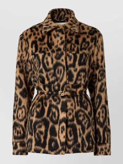Fendi Women Multicolor Coat With Ff Buckled Belt On The Front And All-over Leopard Motif In Wool Ble In Black