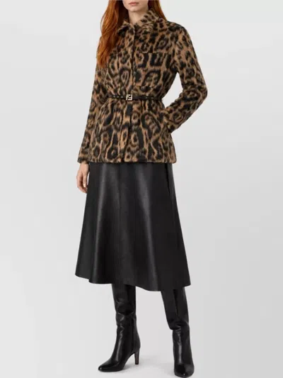 Fendi Women Multicolor Coat With Ff Buckled Belt On The Front And All-over Leopard Motif In Wool Ble In Black