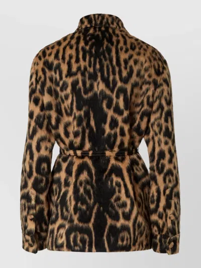 Fendi Women Multicolor Coat With Ff Buckled Belt On The Front And All-over Leopard Motif In Wool Ble In Black
