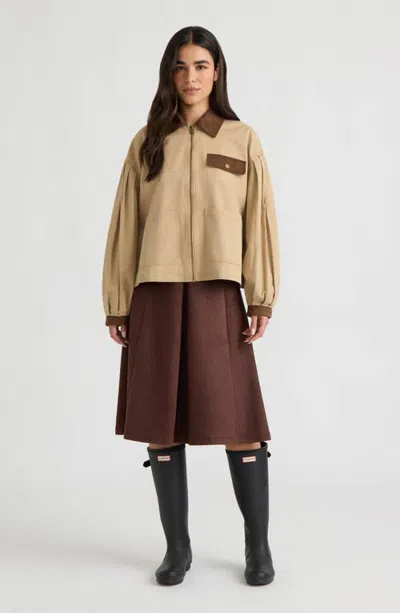 Hunter Zip Front Jacket With Bubble Sleeves In Brown
