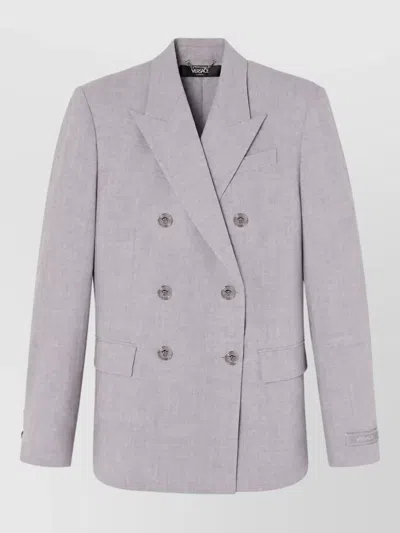 Versace Double-breasted Chambray Blazer In Purple