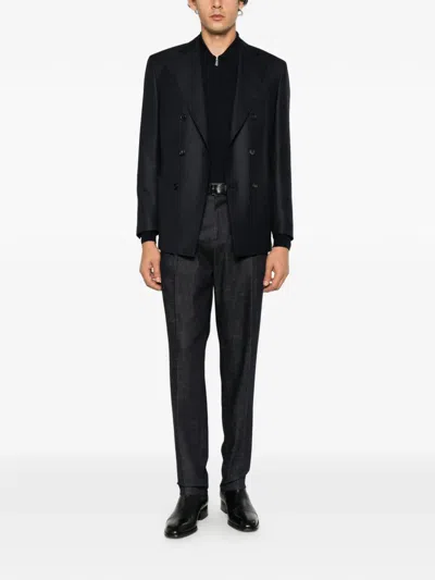 Corneliani Double-breasted Micro-check Jacket In Blue