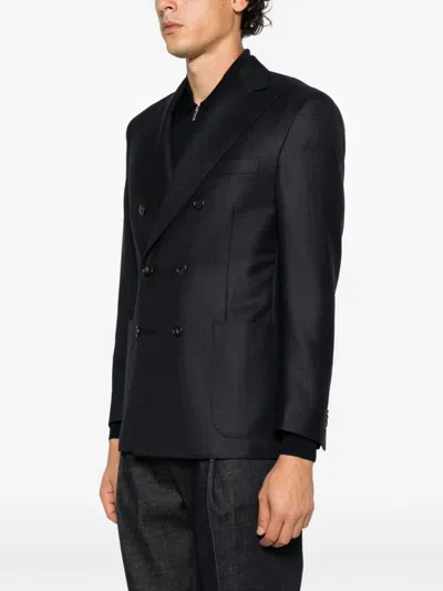 Corneliani Double-breasted Micro-check Jacket In Blue