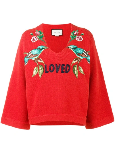 Gucci Red 'loved Bird' Embroidered Top