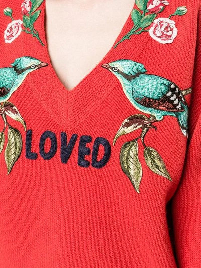 Shop Gucci Loved Bird Embroidered Top In Red