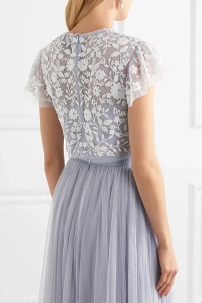 Shop Needle & Thread Meadow Cropped Embroidered Tulle Top In Sky Blue