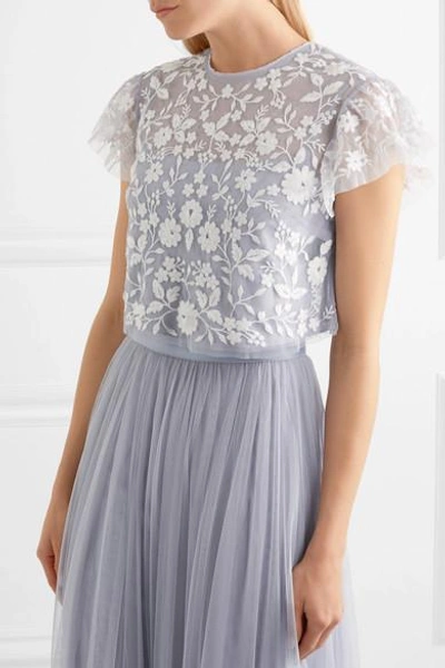 Shop Needle & Thread Meadow Cropped Embroidered Tulle Top In Sky Blue