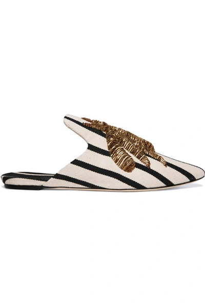 Sanayi313 Woman Embroidered Striped Canvas Slippers Ivory