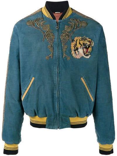 Gucci Dragon-embroidered Corduroy Cotton-blend Bomber Jacket In Blue |  ModeSens