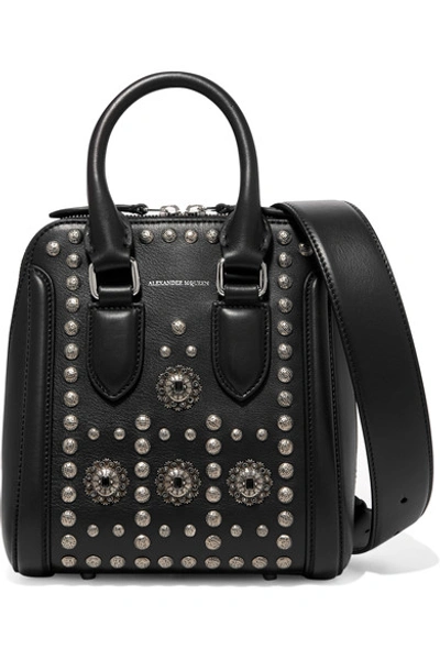 Alexander Mcqueen Small Heroine Embellished Leather Crossbody Bag In Black|metallico