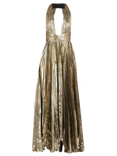 Maria Lucia Hohan Adina Deep V-neck Pleated Lamé Gown In Pewter