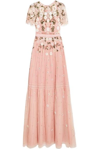 Shop Needle & Thread Lace-trimmed Embellished Tulle Gown In Pastel Pink