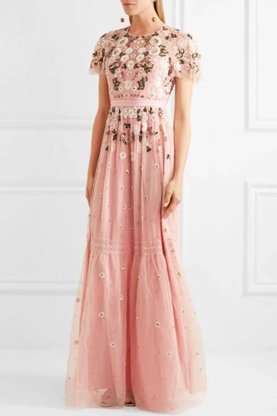 Shop Needle & Thread Lace-trimmed Embellished Tulle Gown In Pastel Pink