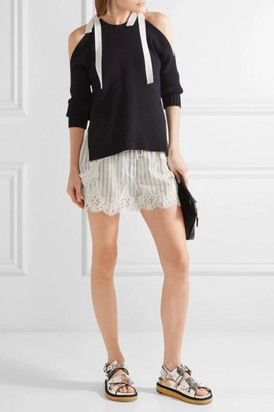 Shop Sacai Lace-trimmed Striped Shell Shorts