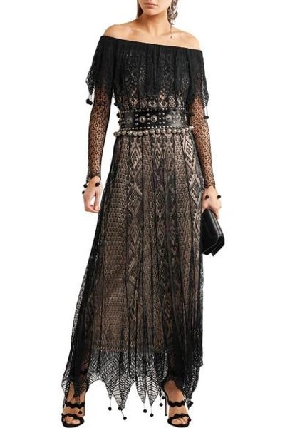 Shop Alexander Mcqueen Off-the-shoulder Pompom-trimmed Silk-lace Maxi Dress