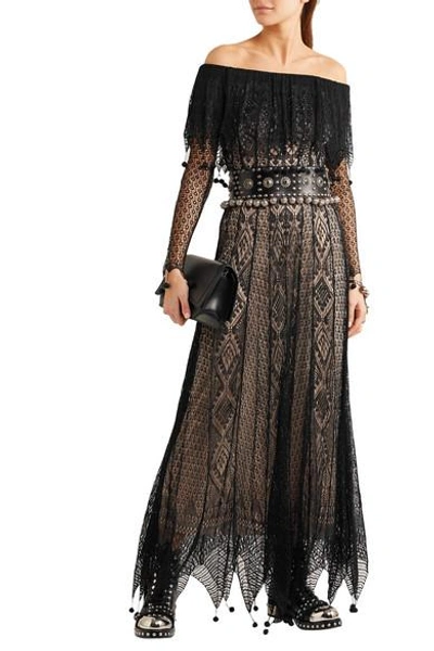 Shop Alexander Mcqueen Off-the-shoulder Pompom-trimmed Silk-lace Maxi Dress