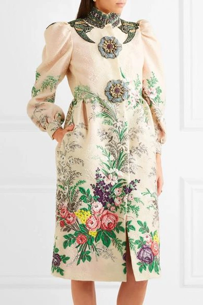 Shop Gucci Embellished Embroidered Cloqué Coat In Ivory