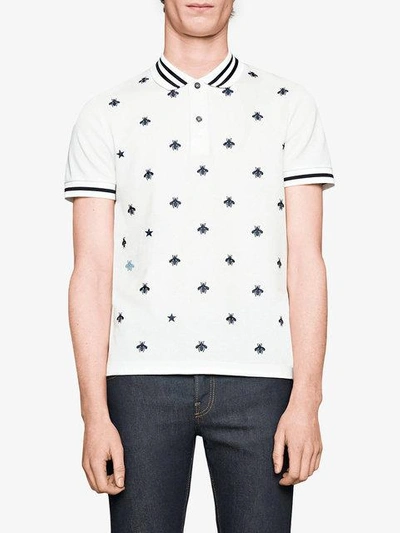 Shop Gucci Cotton Polo With Bees And Stars In White