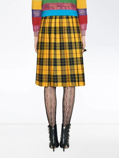 Shop Gucci Embroidered Tartan Wool Skirt In Yellow