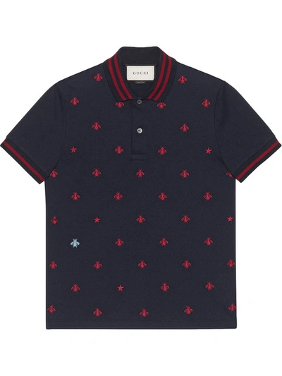 Gucci Cotton Polo With Bees And Stars In Blue