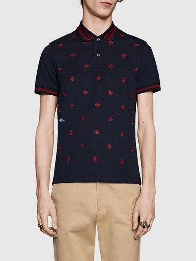 Shop Gucci Cotton Polo With Bees And Stars In Blue