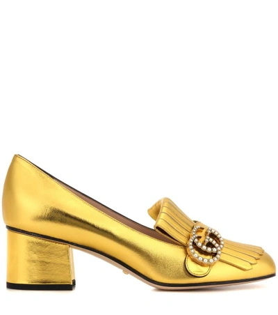 Shop Gucci Metallic Leather Loafer Pumps In Gold
