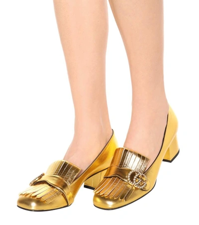 Shop Gucci Metallic Leather Loafer Pumps In Gold