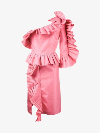 Shop Gucci One Shoulder Ruffled Modern Dress In Pink&purple