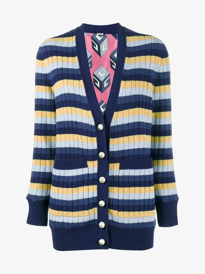 Shop Gucci Stripe Ribbed Cardigan In Blue