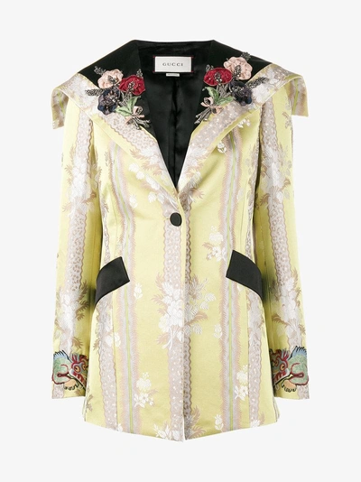 Shop Gucci Floral Applique Jacquard Jacket In Yellow & Orange