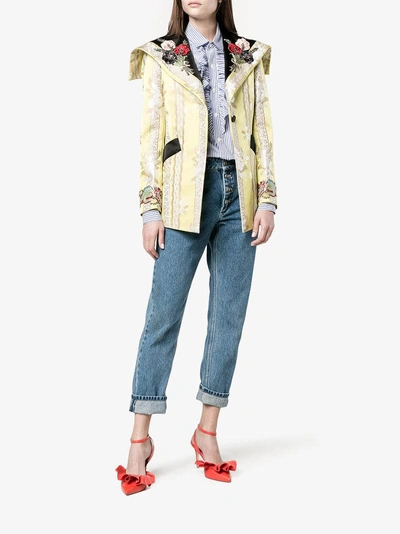 Shop Gucci Floral Applique Jacquard Jacket In Yellow & Orange
