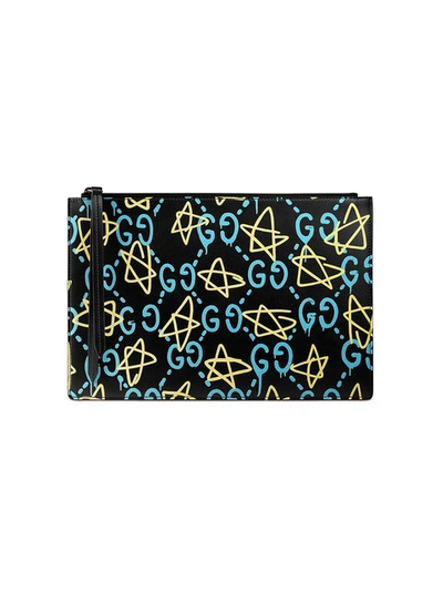 Gucci Women's Ghost Gg Leather Pouch In Black Blue Yellow | ModeSens