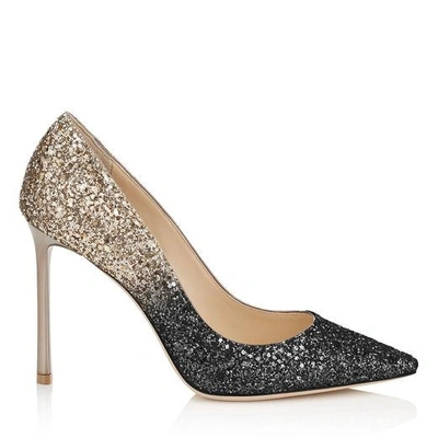 Shop Jimmy Choo Romy 100 Black And Nude Coarse Glitter Degradé Pointy Toe Pumps In Black/nude