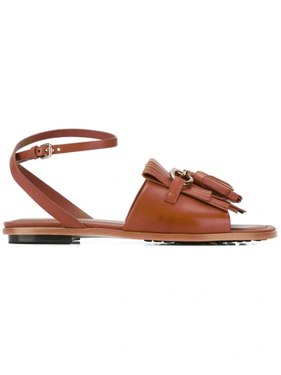 Tod's Fringed Flat Sandals In Brown