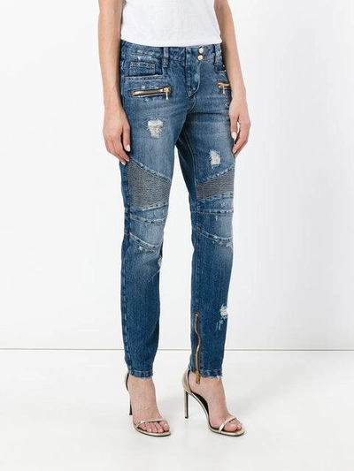 Shop Balmain Distressed Biker Jeans - Blue