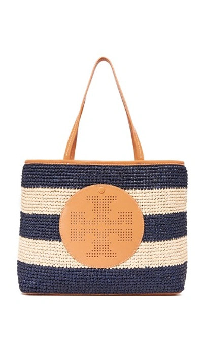 Tory Burch Perforated-logo Straw Tote In Natural/royal Navy